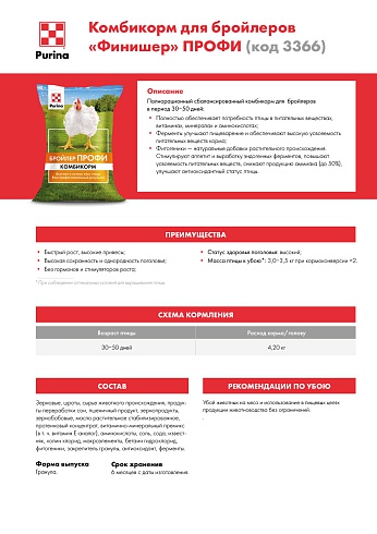 Комбикорм Purina® для бройлеров Финишер ПРОФИ от 30 - 50 дней, 25 кг
